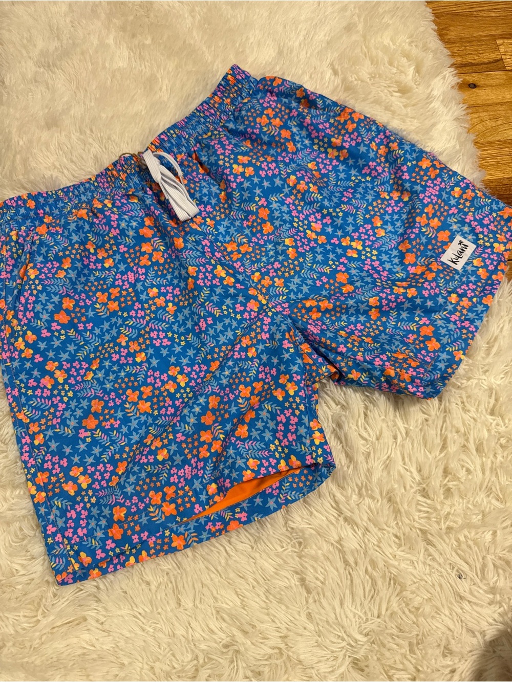 Kulani Kinis Blue Floral Swim Trunks with Orange & Pink Accents